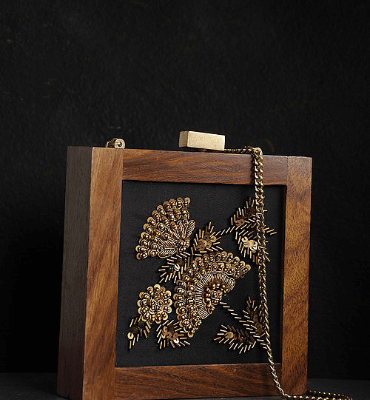 Black-Brown Embroidered Wooden Clutch