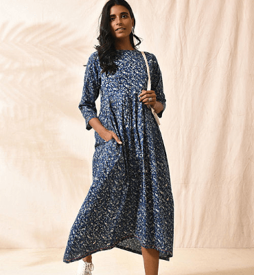 Indigo Dabu-printed Cotton Dress Kurtas