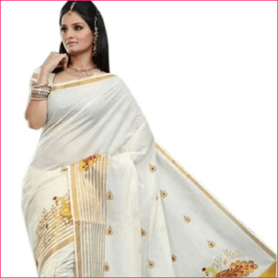 Selvamani Tex Embroidered Kasavu Cotton White Saree