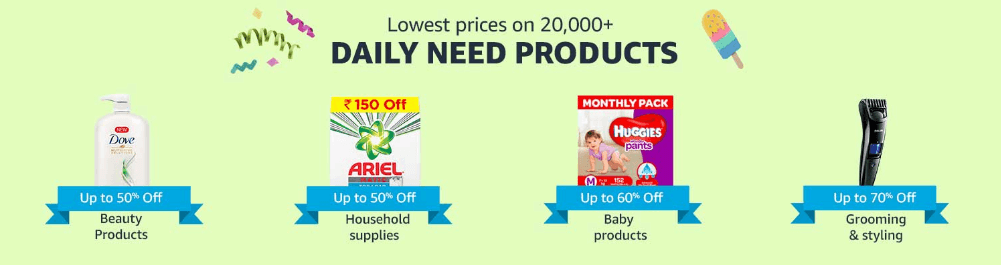 lowest price on daily essentials amazon india