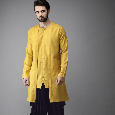 Men Yellow & Navy Solid Layered Kurta with Dhoti Pants